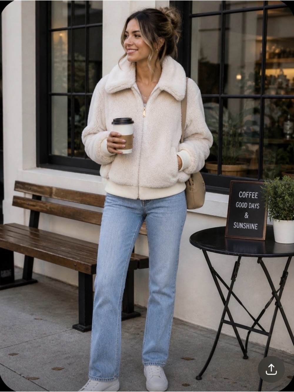 Cream Teddy Bomber Jacket Faux Fur Sherpa Cropped Cozy Size S